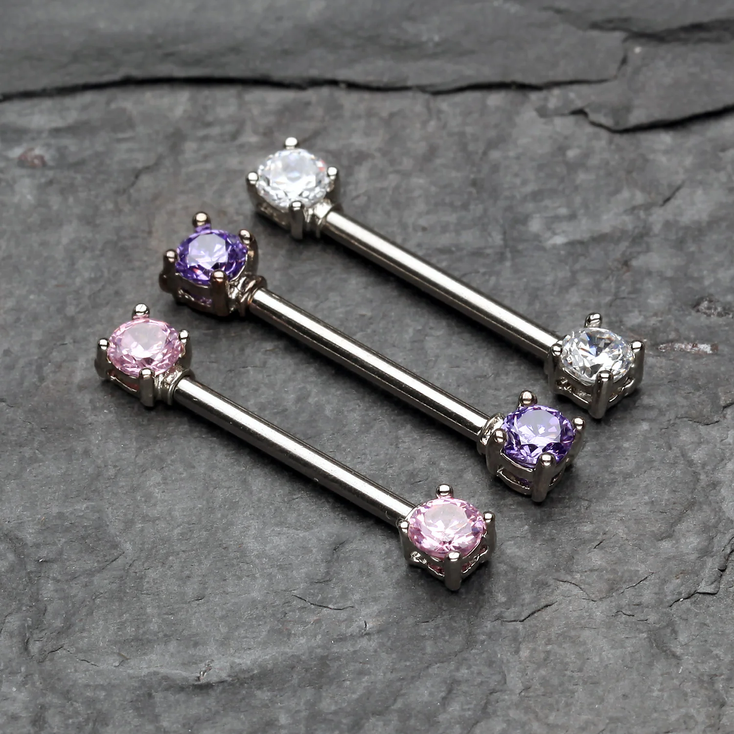 A Pair of Double Prong Gem Nipple Barbell Ring - Image 2