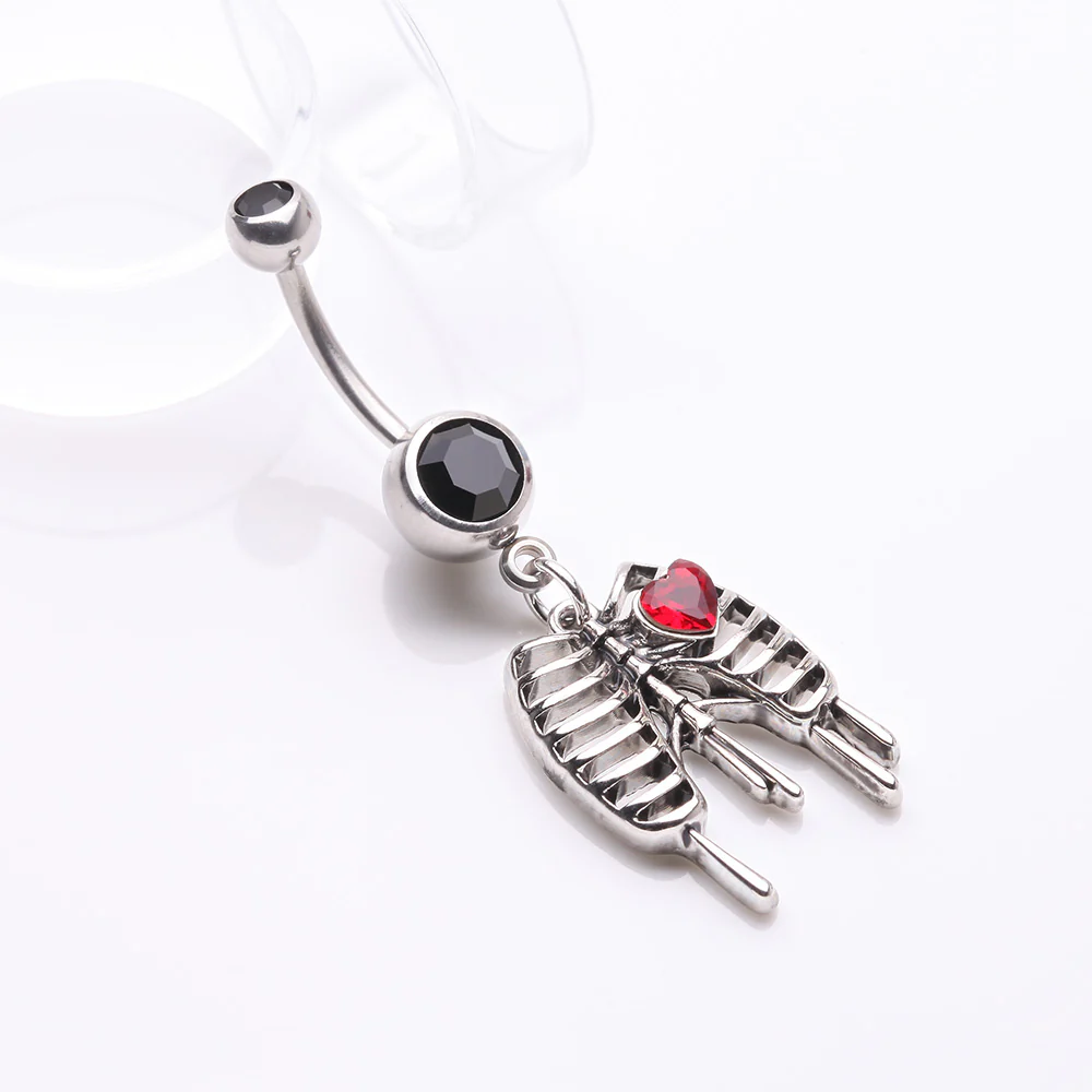 Dripping Ribcage Skeleton Heart Sparkle Belly Button Ring - Image 3