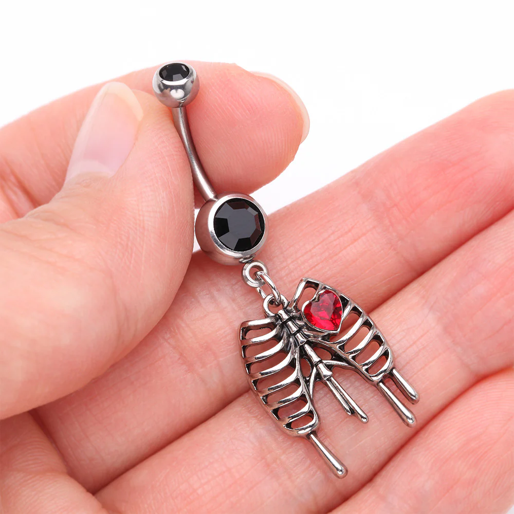 Dripping Ribcage Skeleton Heart Sparkle Belly Button Ring - Image 4