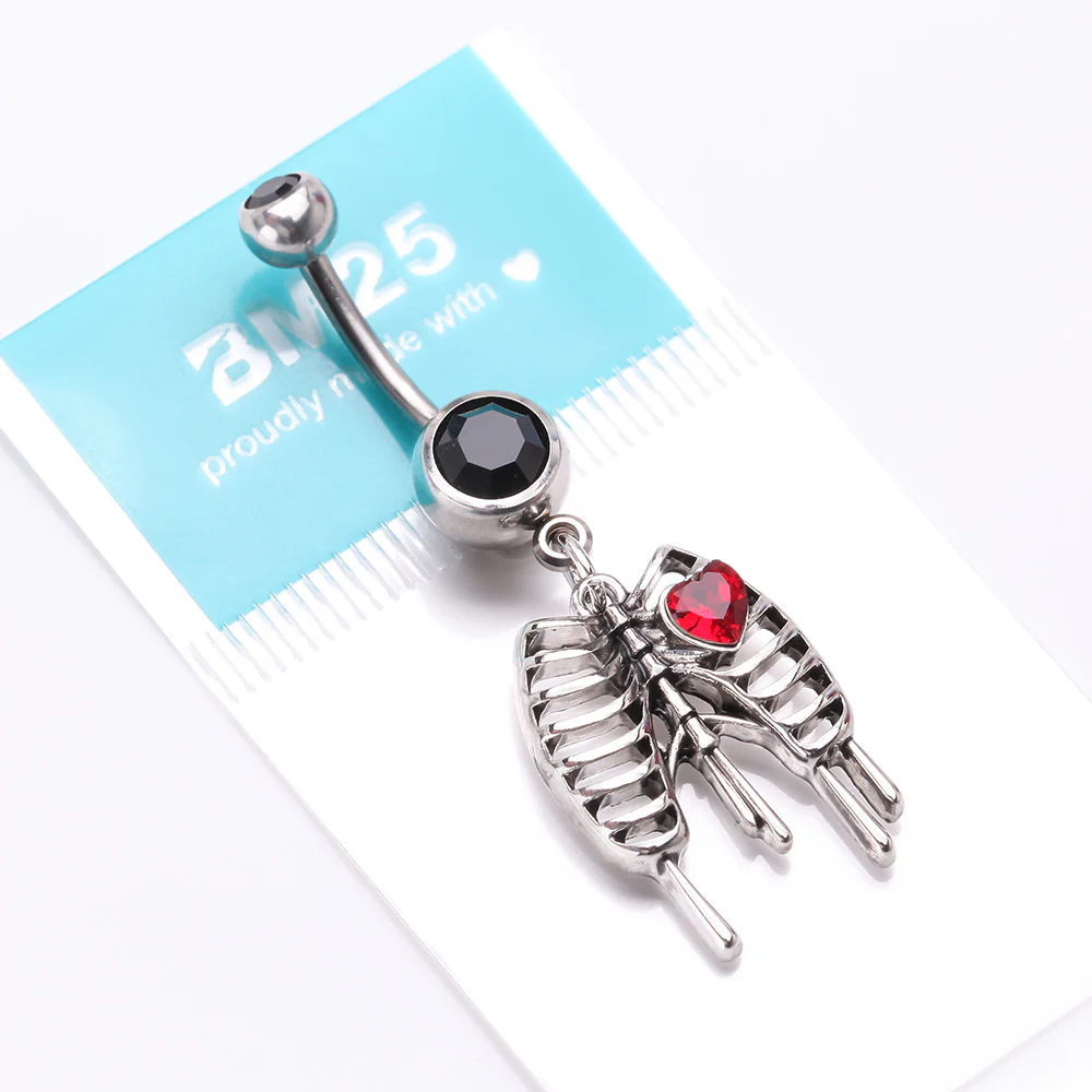 Dripping Ribcage Skeleton Heart Sparkle Belly Button Ring - Image 5