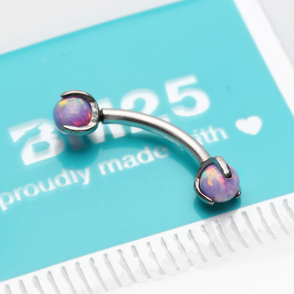 Fire Opal Claw Prong Set Sparkle Internally Threaded Curved Barbell - Image 3