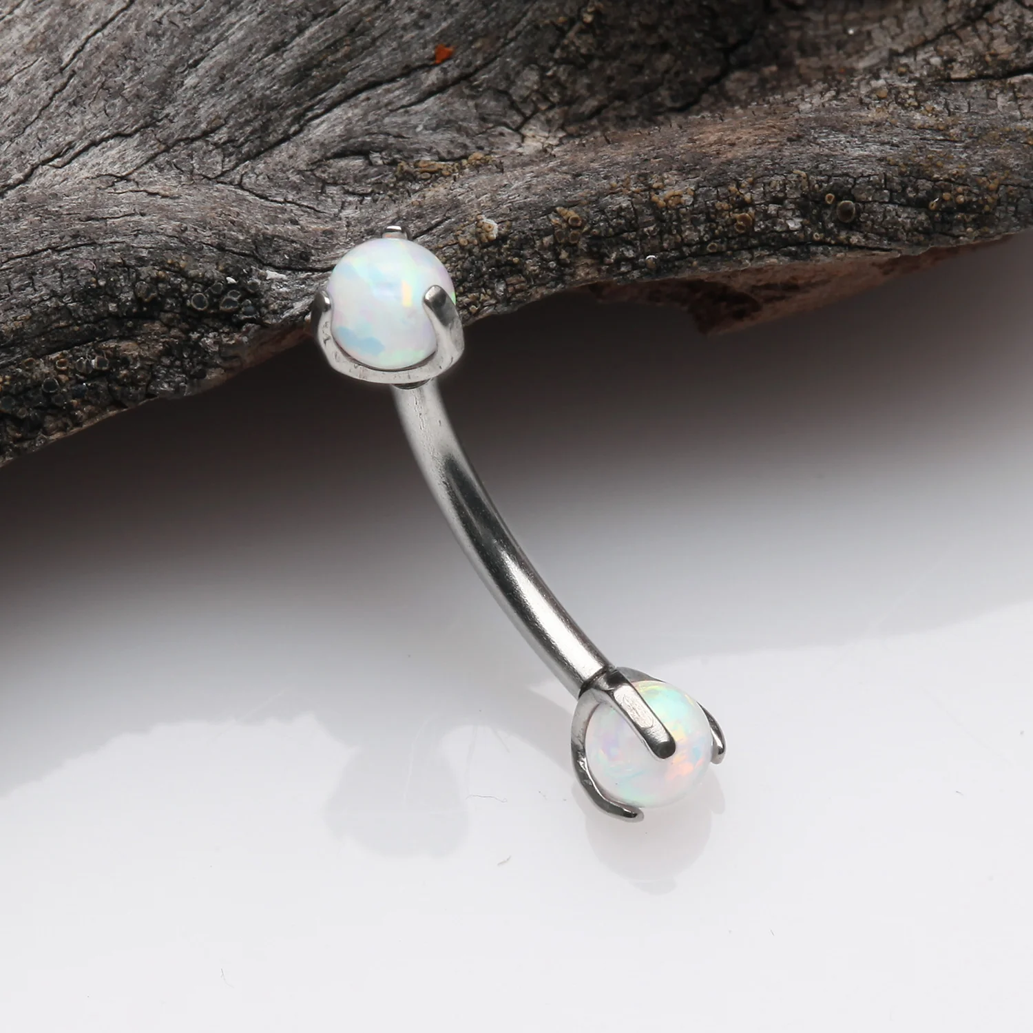 Fire Opal Claw Prong Set Sparkle Internally Threaded Curved Barbell - Image 2