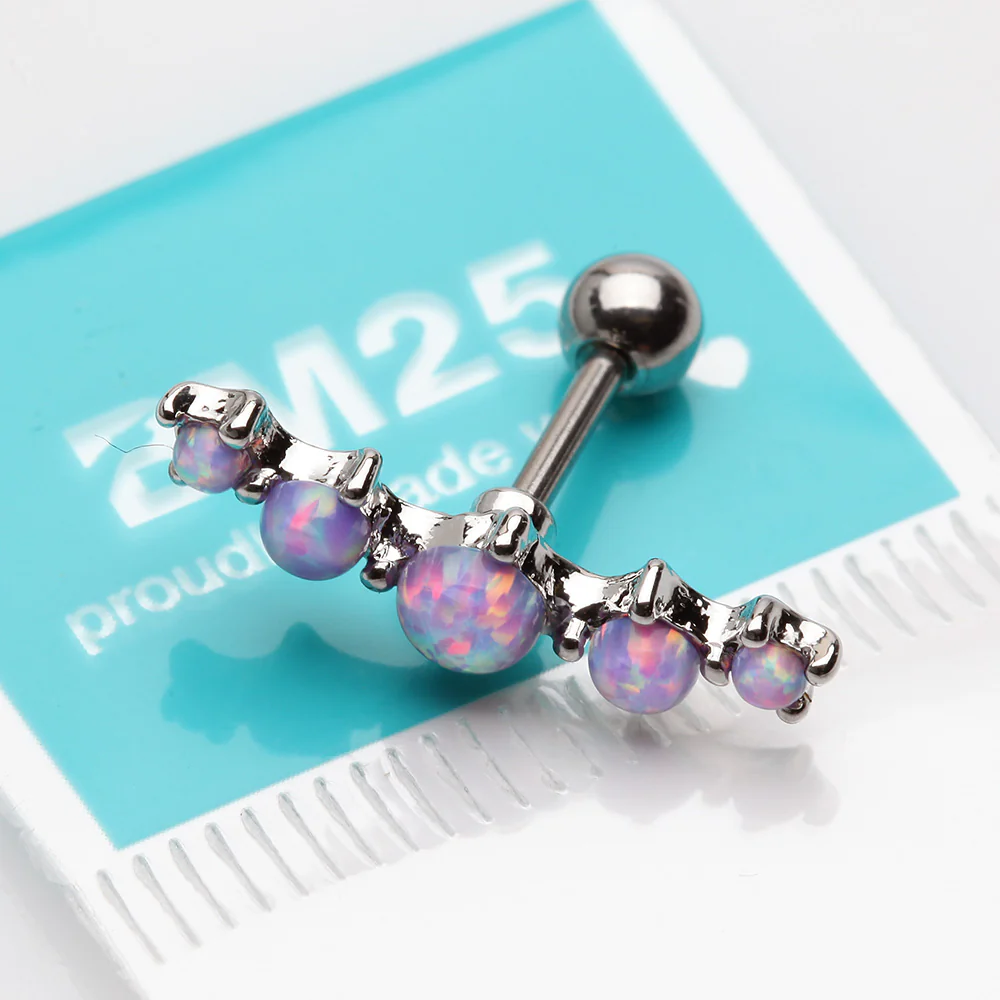 Fire Opal Journey Curve Prong Set Cartilage Tragus Barbell Earring - Image 3