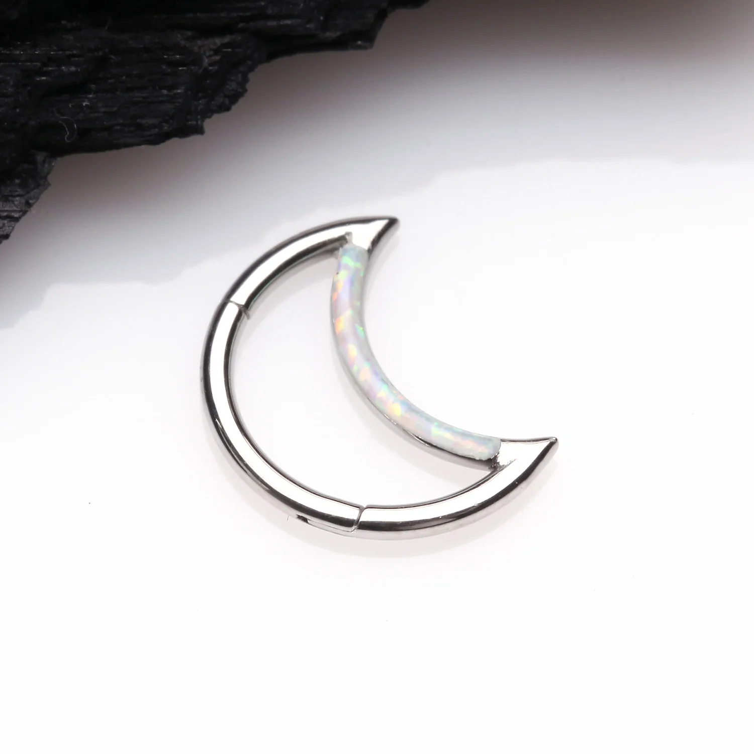 Fire Opal Lined Crescent Moon Seamless Clicker Hoop Ring - Image 2