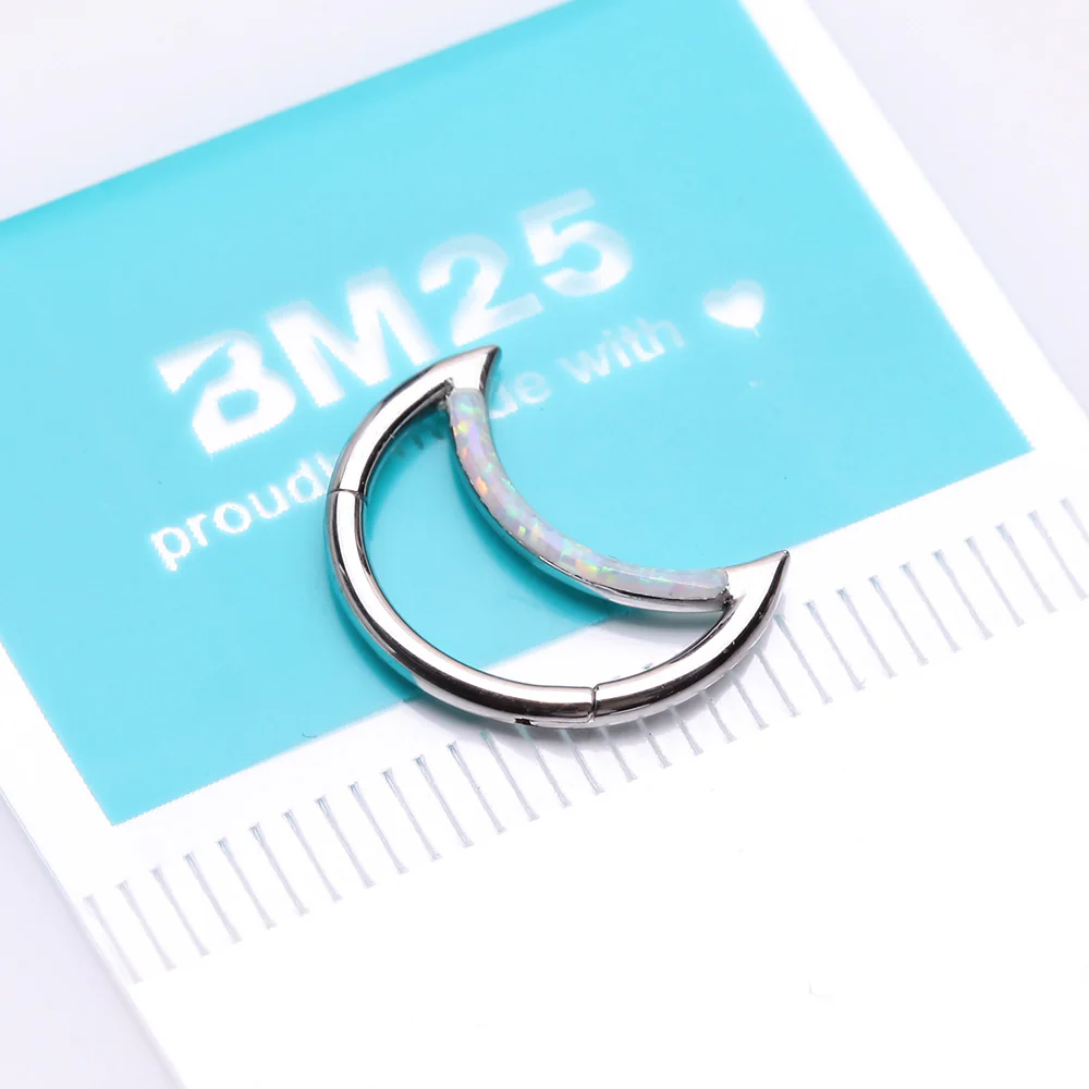 Fire Opal Lined Crescent Moon Seamless Clicker Hoop Ring - Image 3
