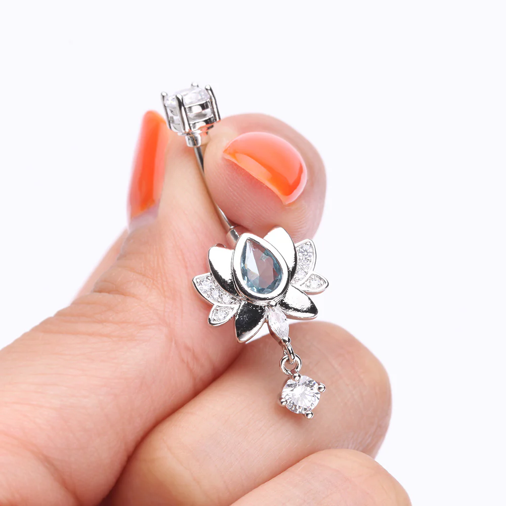Glistening Lotus Sparkle Dangle Belly Button Ring - Image 4