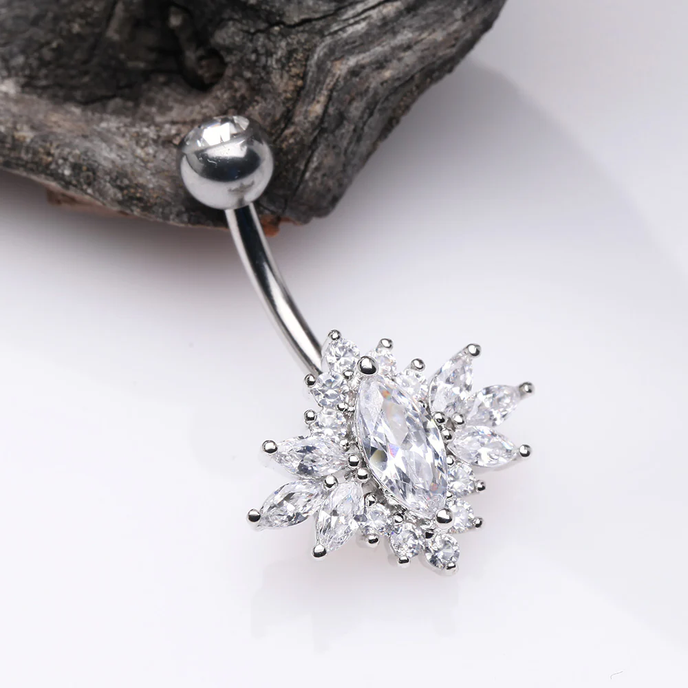 Glistening Marquise Flower Sparkle Belly Button Ring - Image 3