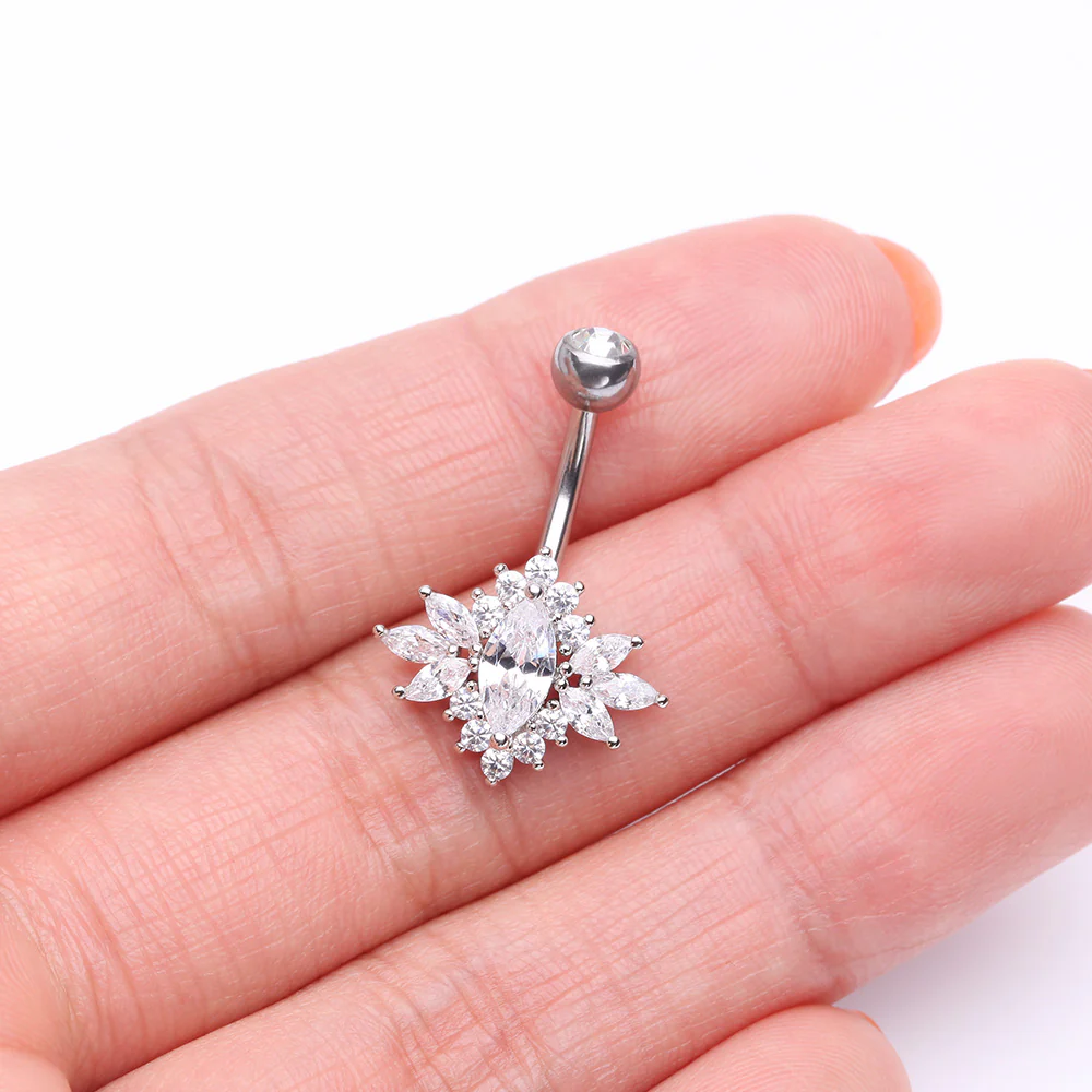 Glistening Marquise Flower Sparkle Belly Button Ring - Image 4