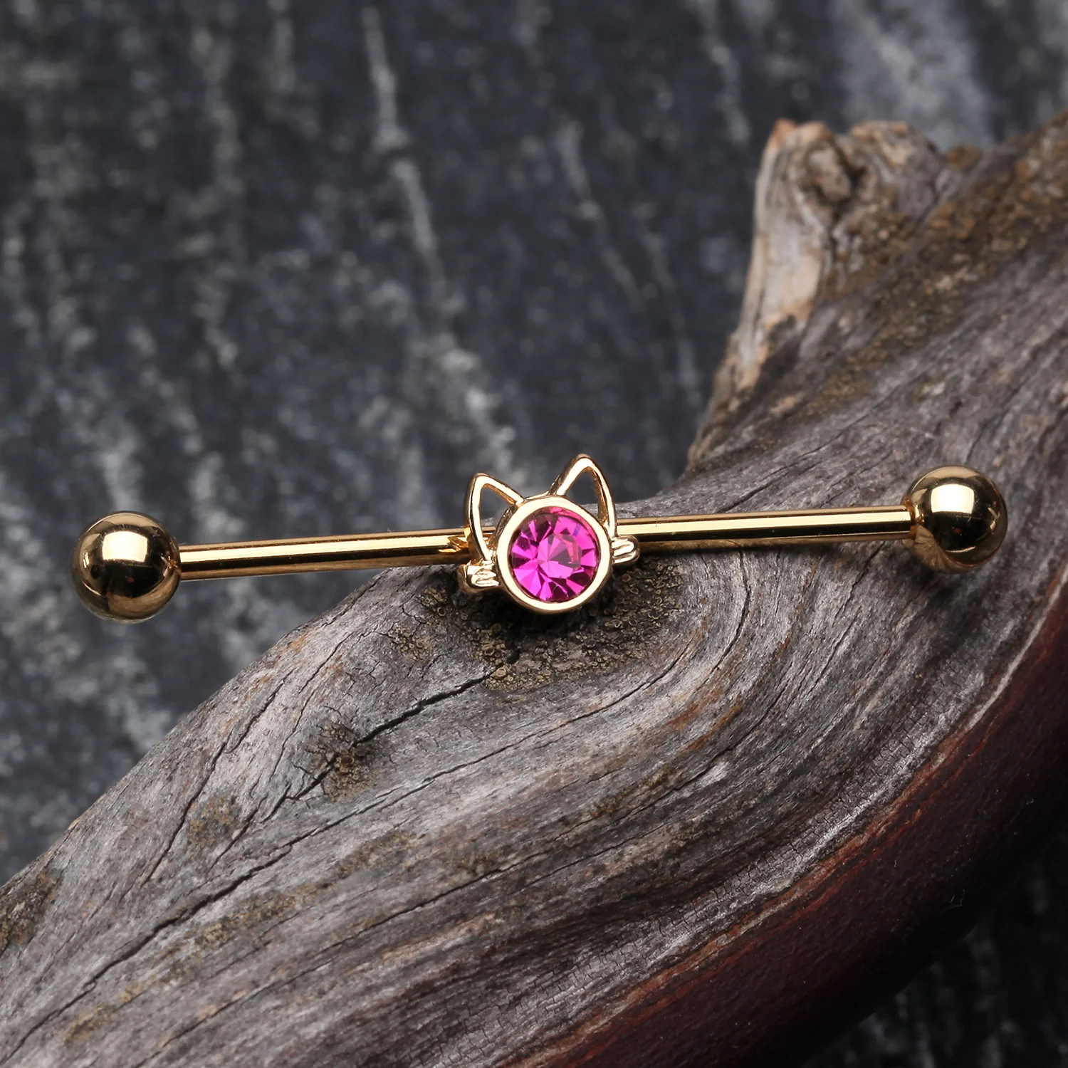 Golden Adorable Cat Face Sparkle Industrial Barbell - Image 2
