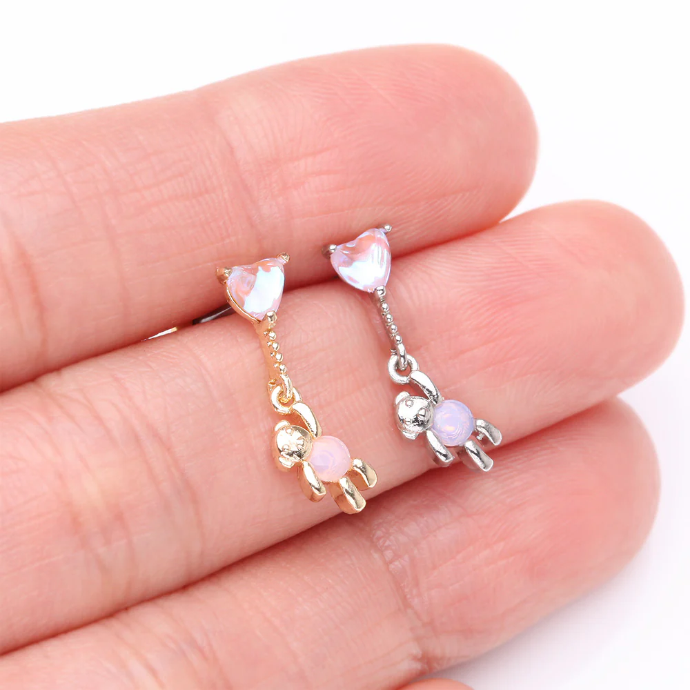 Golden Adorable Floating Bear Heart Balloon Sparkle Cartilage Barbell Earring - Image 4