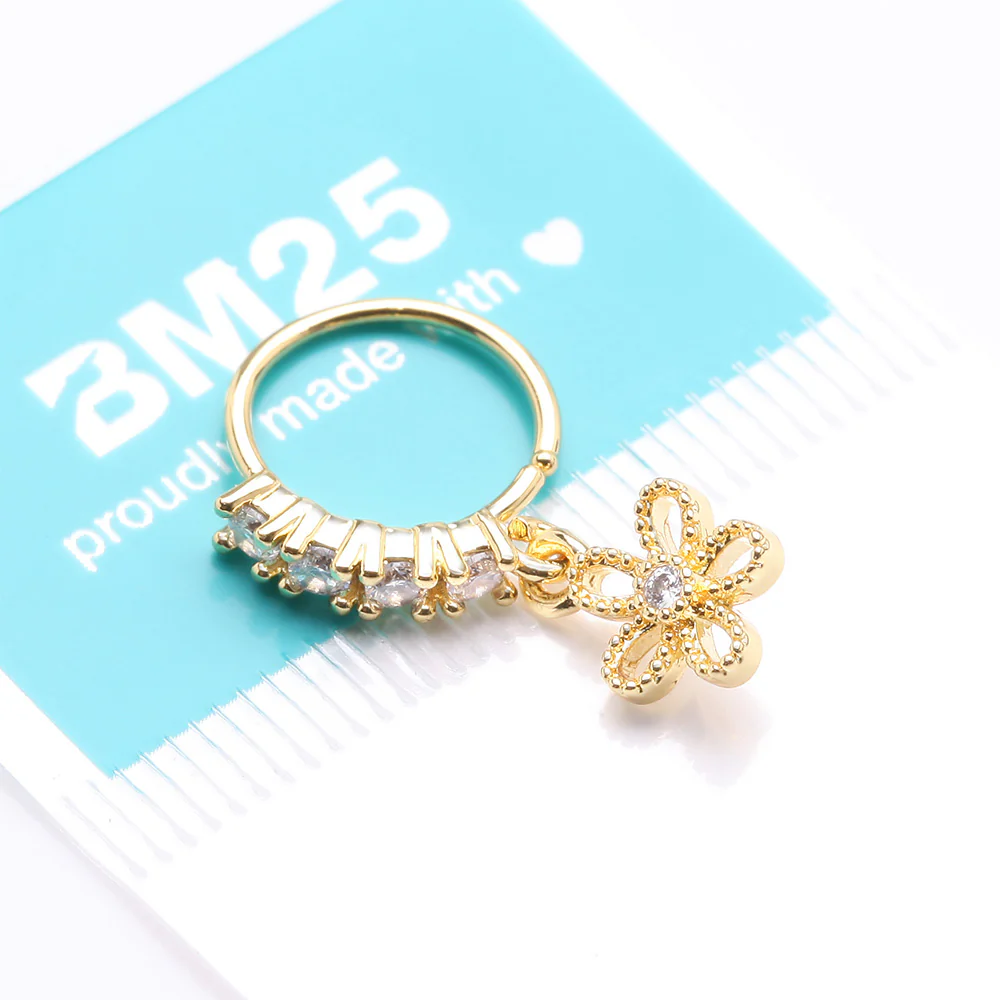 Golden Adorable Hollow Flower Sparkle Dangle Multi-Gem Lined Bendable Hoop Ring - Image 4