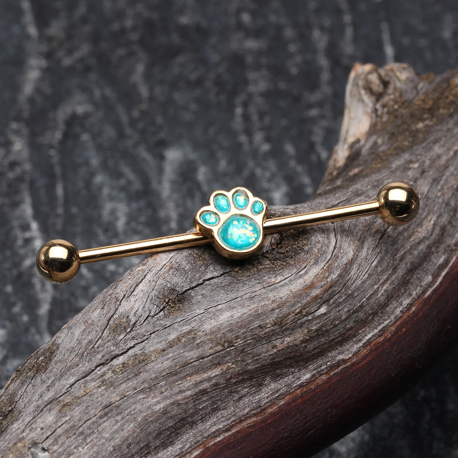 Golden Adorable Paw Print Opalescent Sparkle Industrial Barbell - Image 2