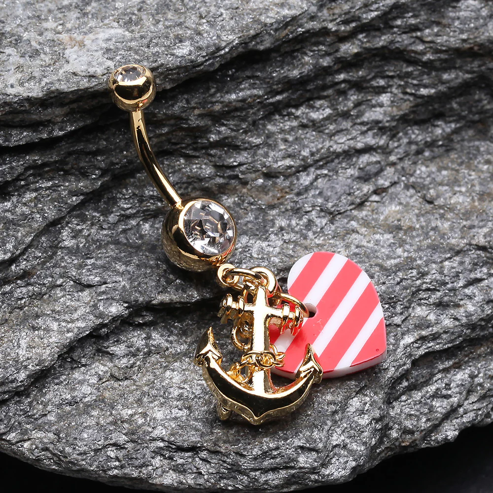 Golden Anchor Nautical Heart Belly Button Ring - Image 3