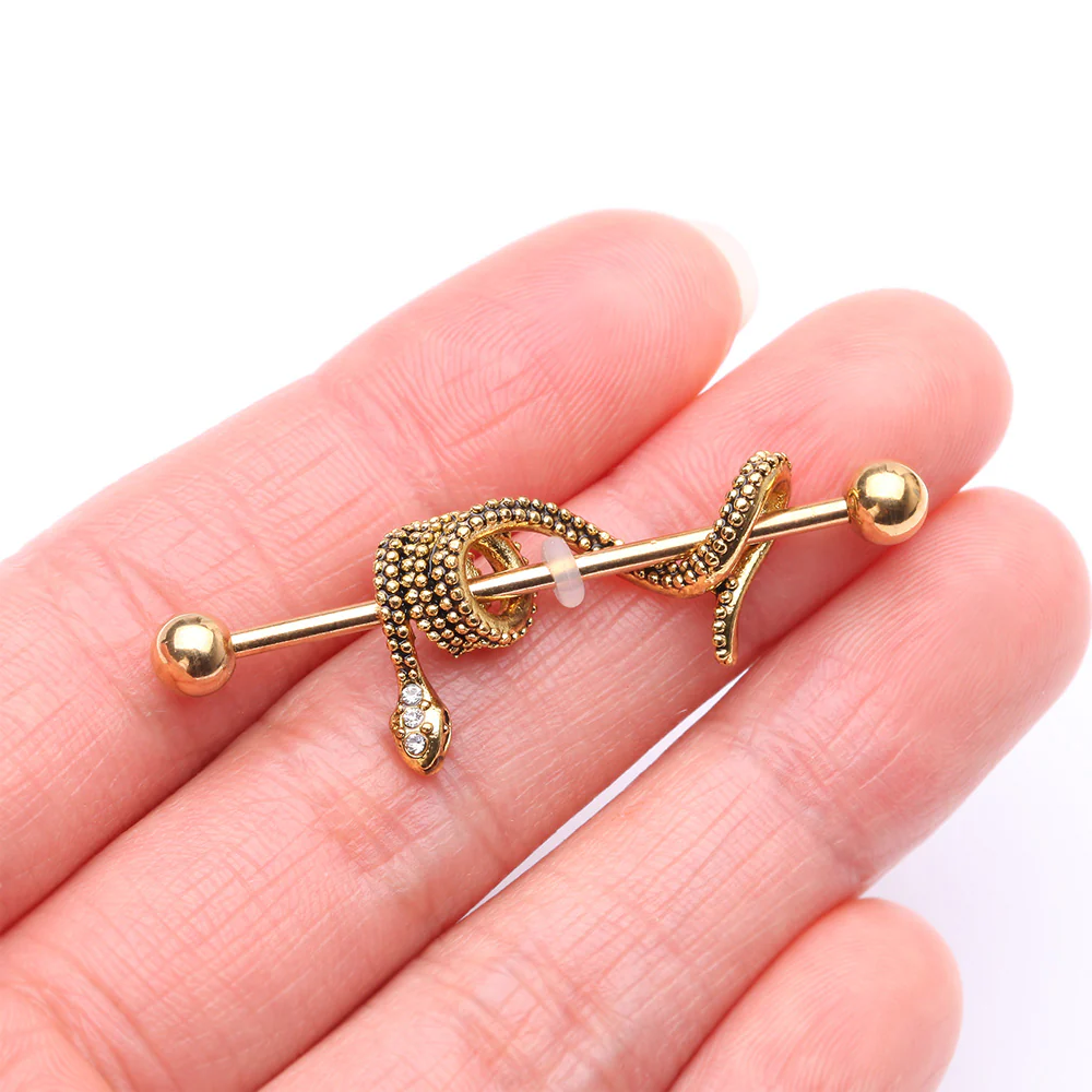 Golden Antique Serpent Snake Sparkle Steel Industrial Barbell - Image 3
