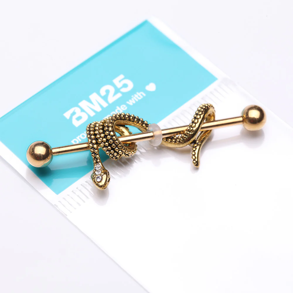 Golden Antique Serpent Snake Sparkle Steel Industrial Barbell - Image 4