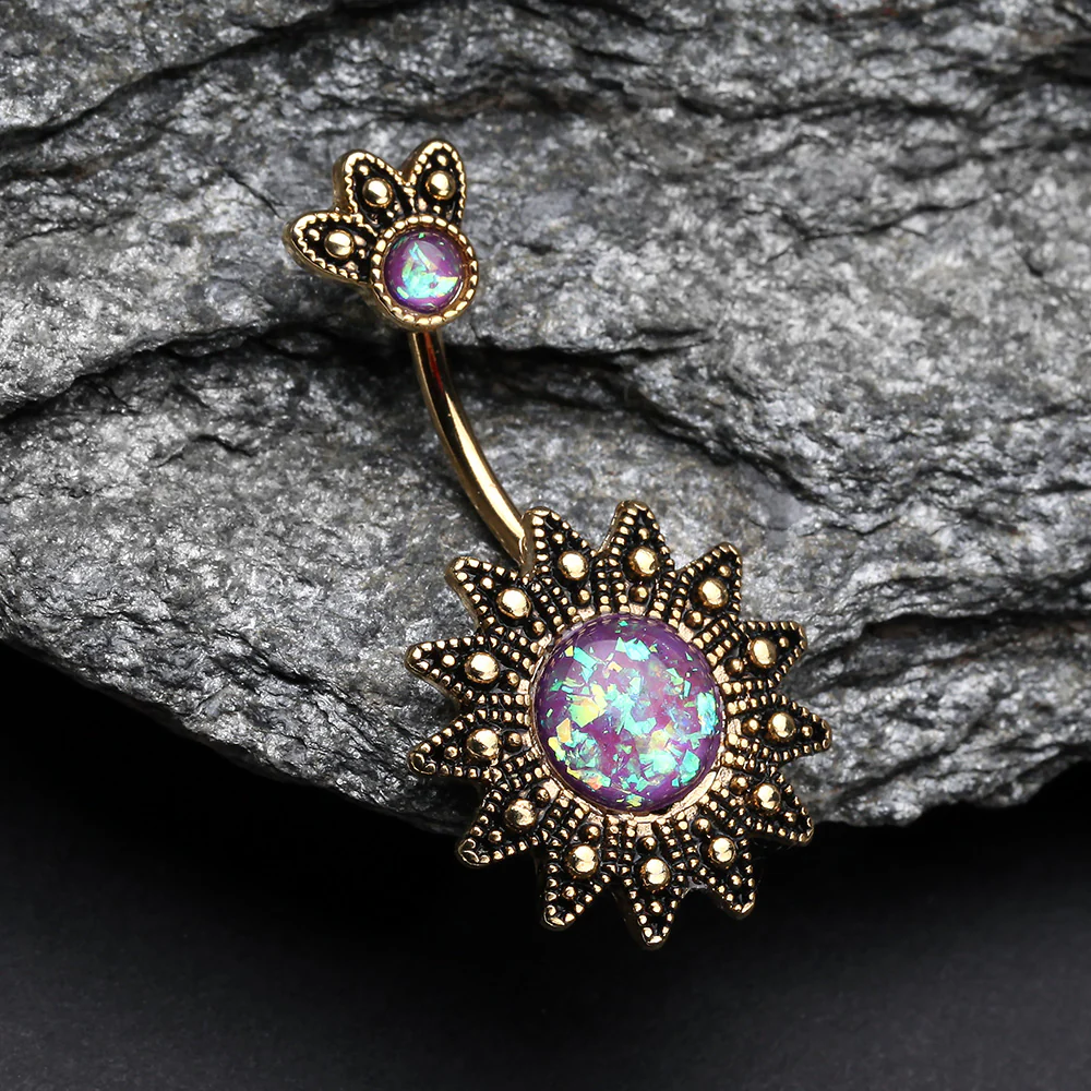 Golden Antique Tribal Sun God Opal Sparkle Belly Button Ring - Image 3