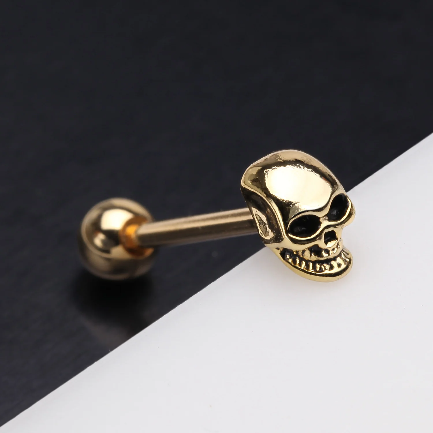 Golden Apocalyptic Skull Steel Barbell Tongue Ring - Image 2