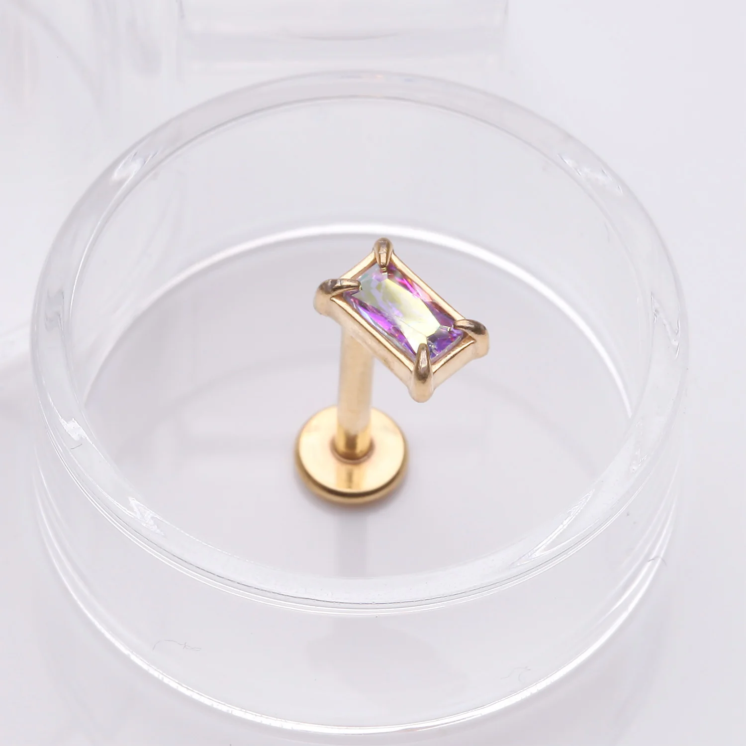 Golden Baguette Prong Set Sparkle Top Internally Threaded Labret Flat Back Stud - Image 2