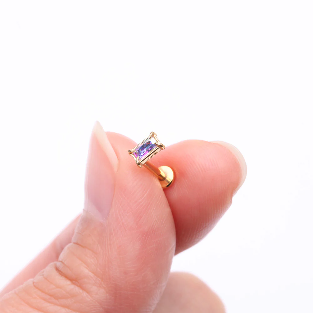 Golden Baguette Prong Set Sparkle Top Internally Threaded Labret Flat Back Stud - Image 3