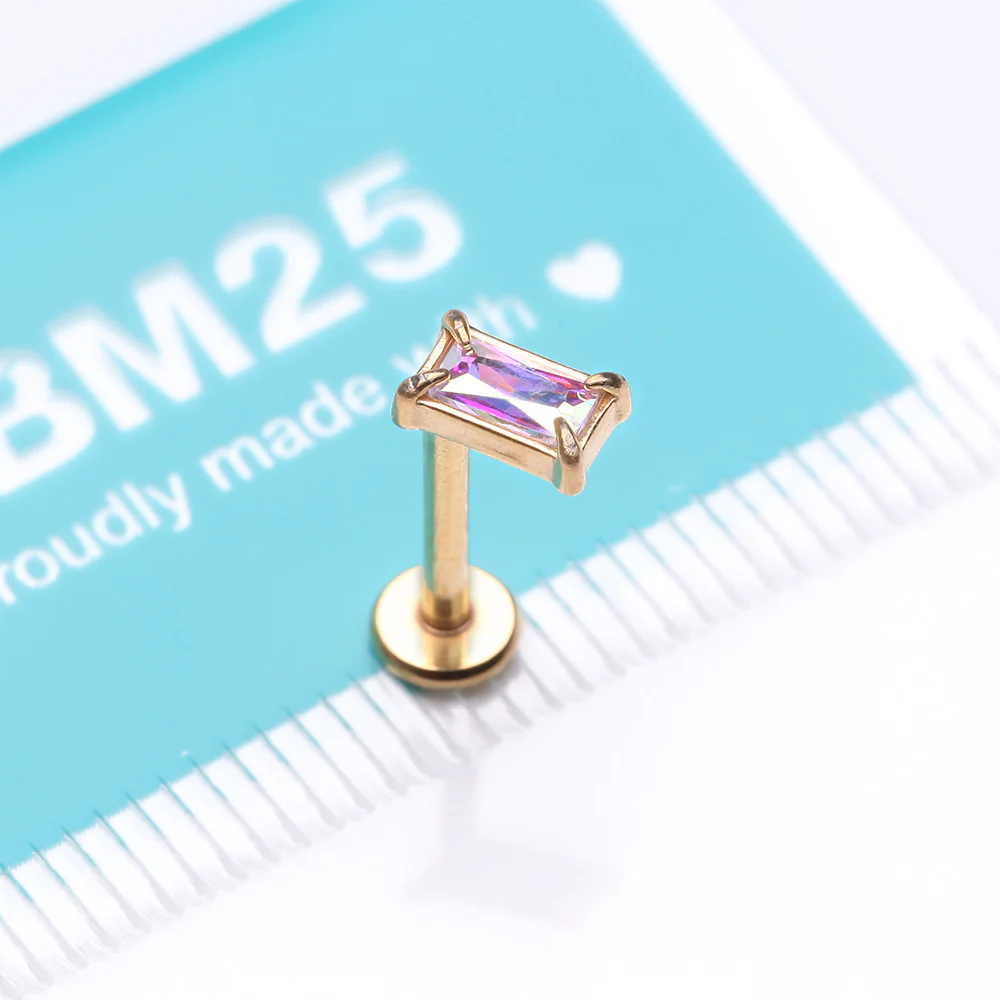 Golden Baguette Prong Set Sparkle Top Internally Threaded Labret Flat Back Stud - Image 4