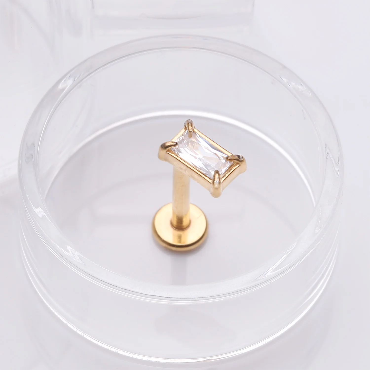 Golden Baguette Prong Set Sparkle Top Internally Threaded Labret Flat Back Stud - Image 2