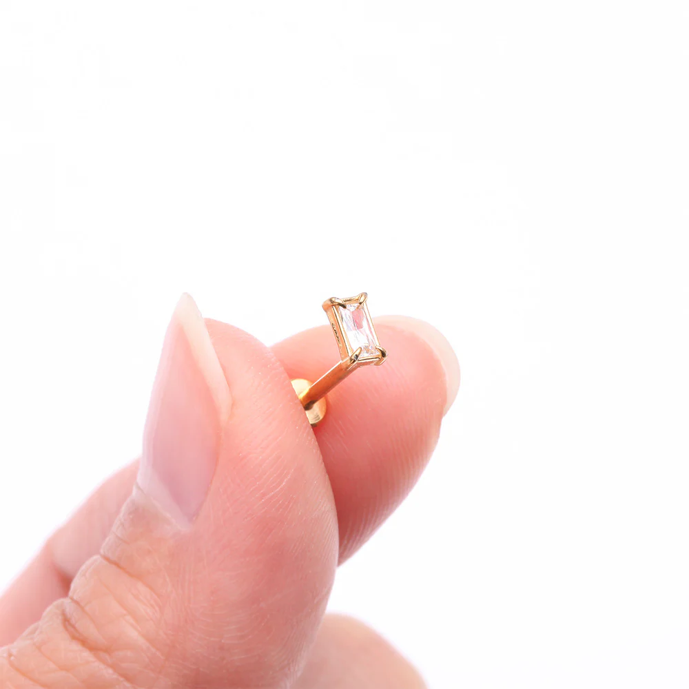 Golden Baguette Prong Set Sparkle Top Internally Threaded Labret Flat Back Stud - Image 3