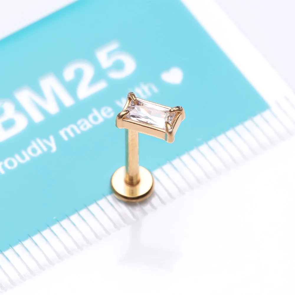 Golden Baguette Prong Set Sparkle Top Internally Threaded Labret Flat Back Stud - Image 4