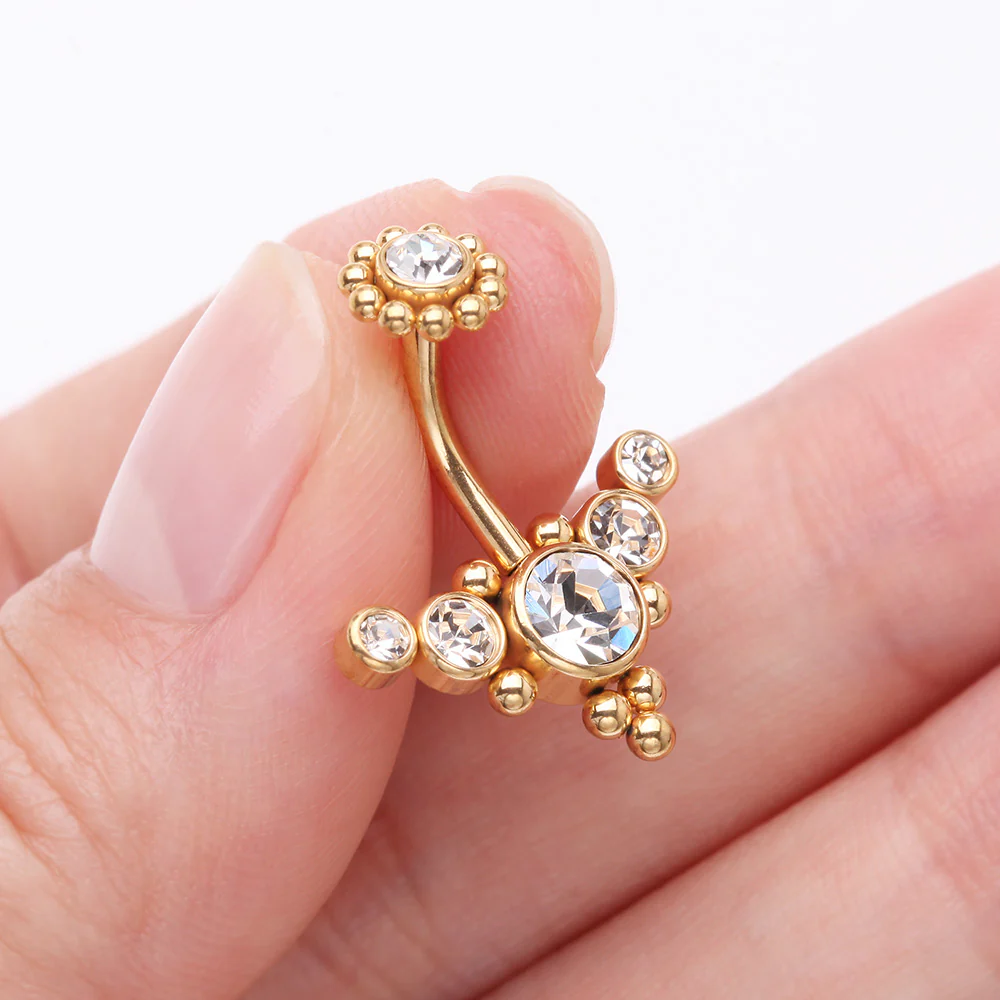 Golden Bali Beaded Flora Sparkle Internally Threaded Belly Button Ring - Image 4