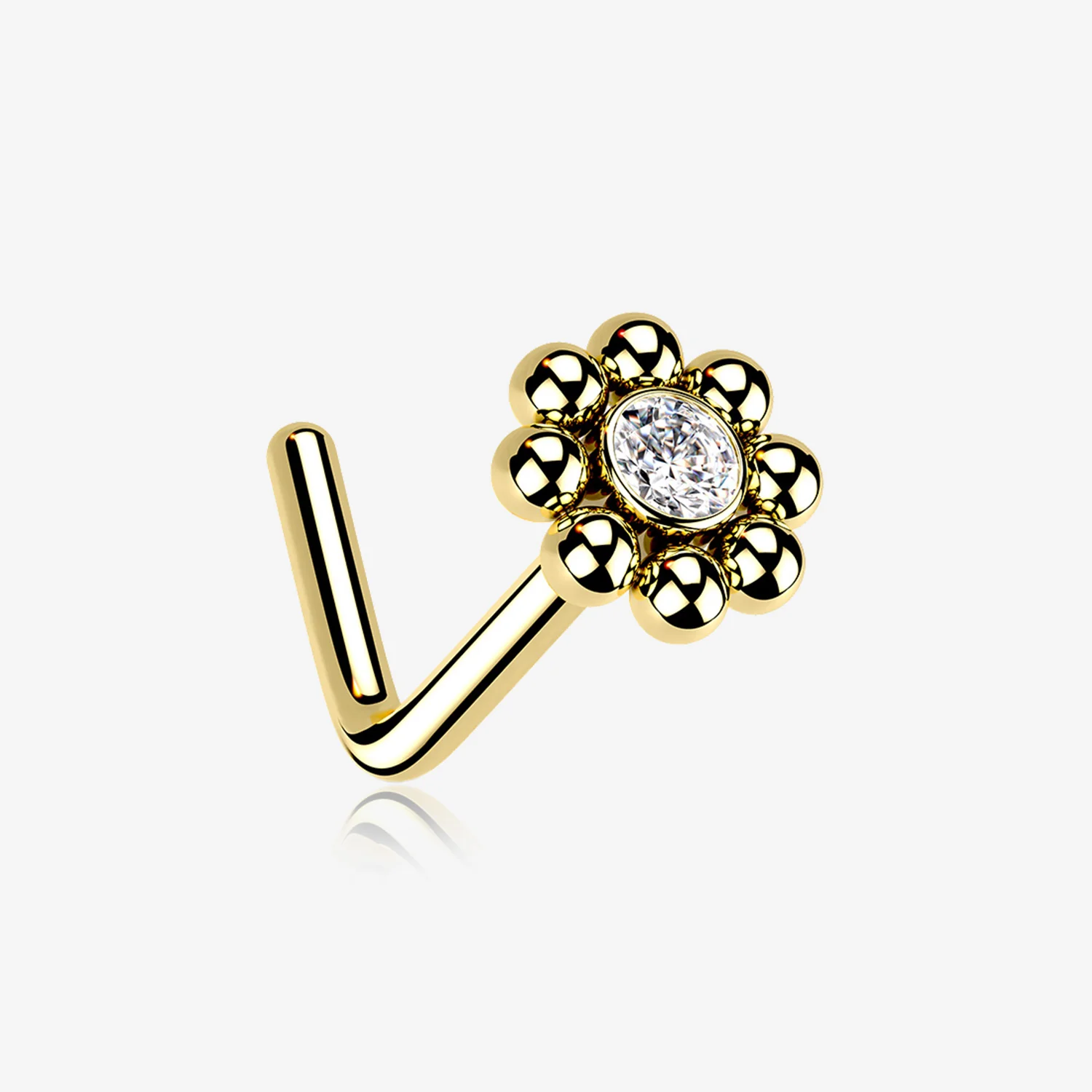 Golden Bali Beads Flower Sparkle Steel L-Shaped Nose Ring