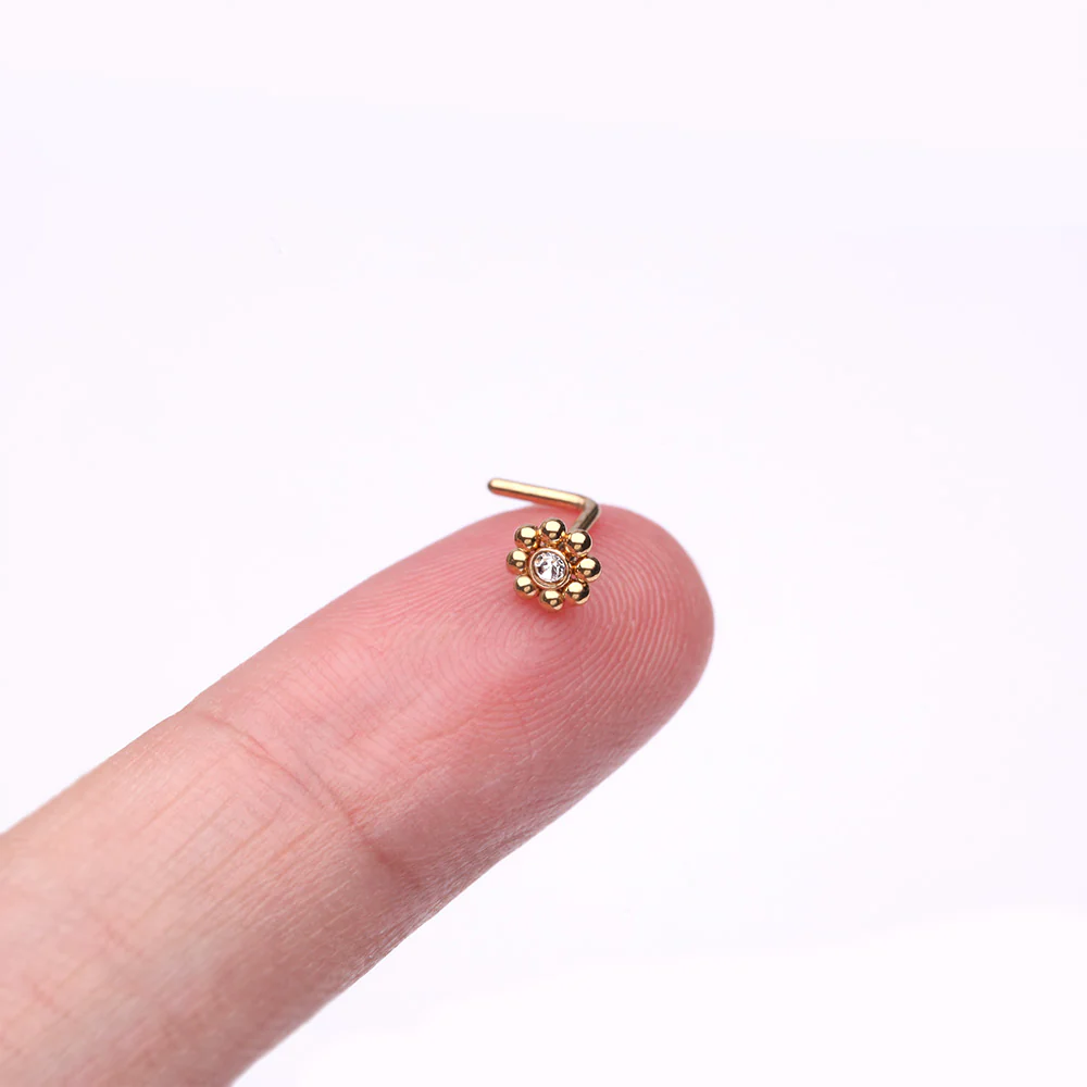 Golden Bali Beads Flower Sparkle Steel L-Shaped Nose Ring - Image 3