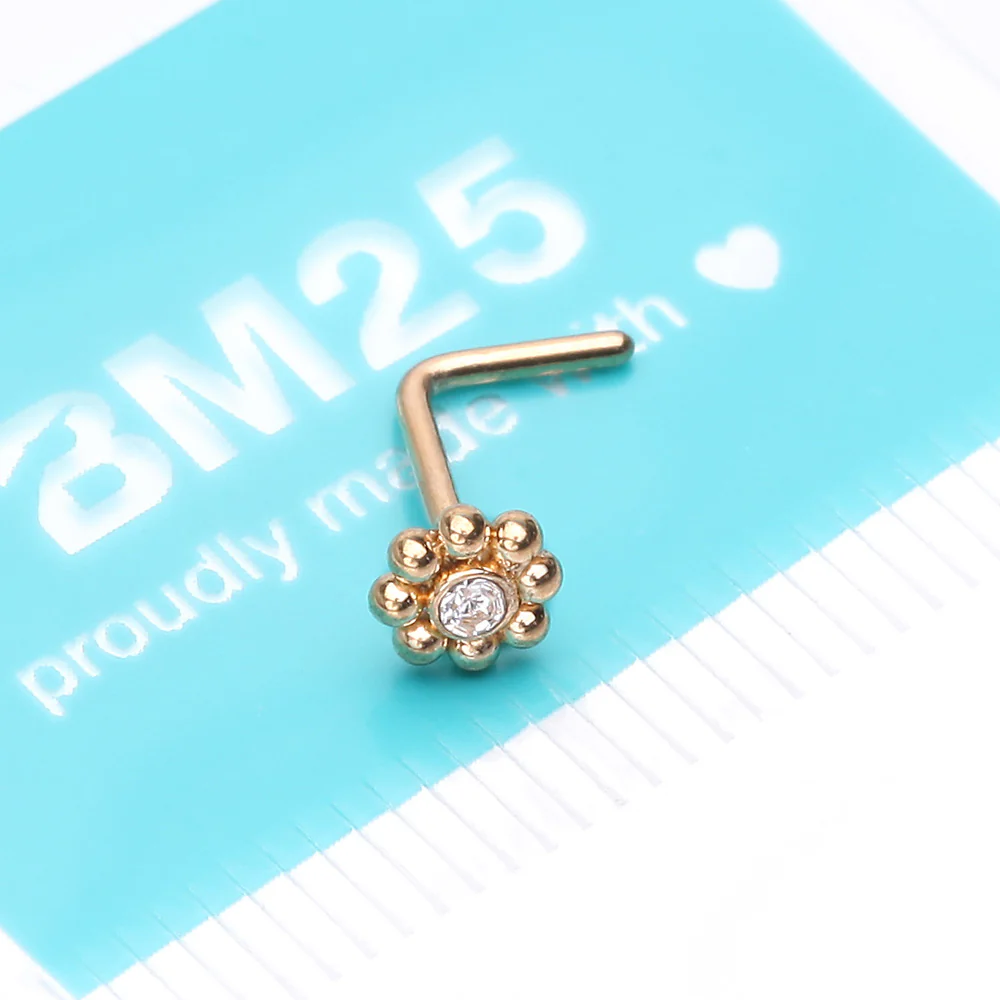 Golden Bali Beads Flower Sparkle Steel L-Shaped Nose Ring - Image 4