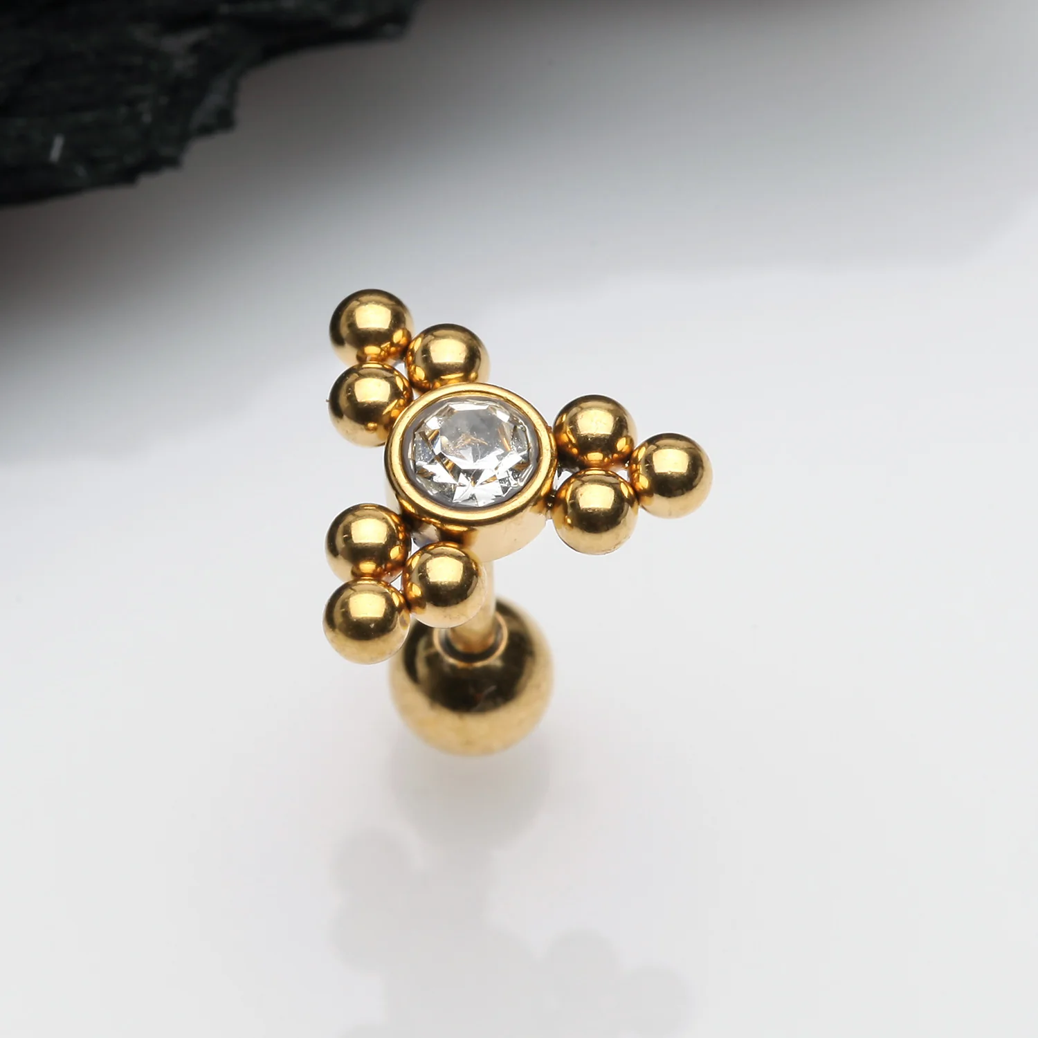 Golden Bali Beads Triangle Sparkle Cartilage Tragus Barbell Earring - Image 2