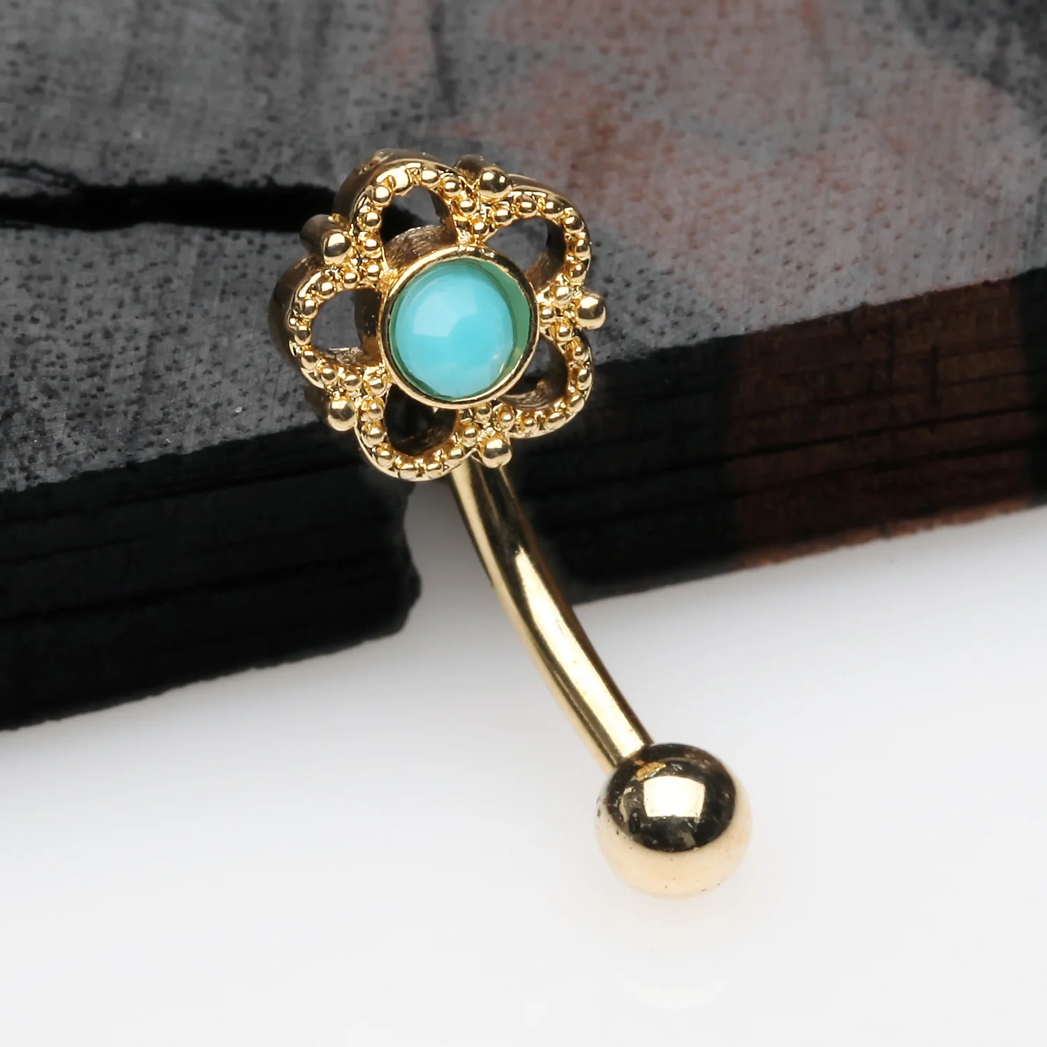 Golden Bali Turquoise Filigree Flower Curved Barbell - Image 2