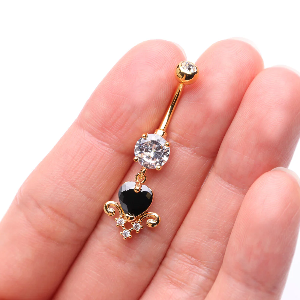 Golden Black Heart Elegance Sparkle Belly Button Ring - Image 4