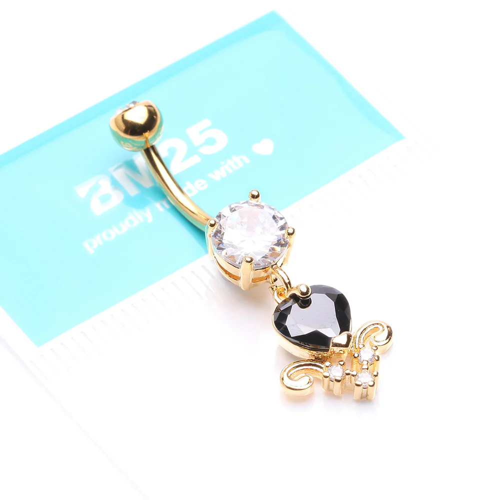 Golden Black Heart Elegance Sparkle Belly Button Ring - Image 5