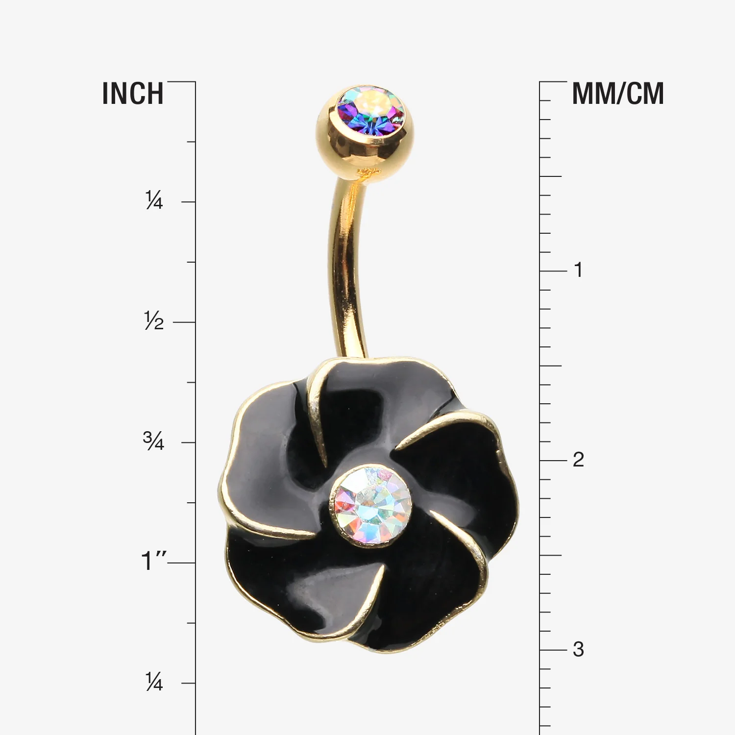 Golden Black Hibiscus Flower Sparkle Belly Button Ring - Image 2