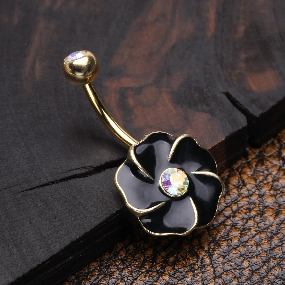 Golden Black Hibiscus Flower Sparkle Belly Button Ring - Image 3