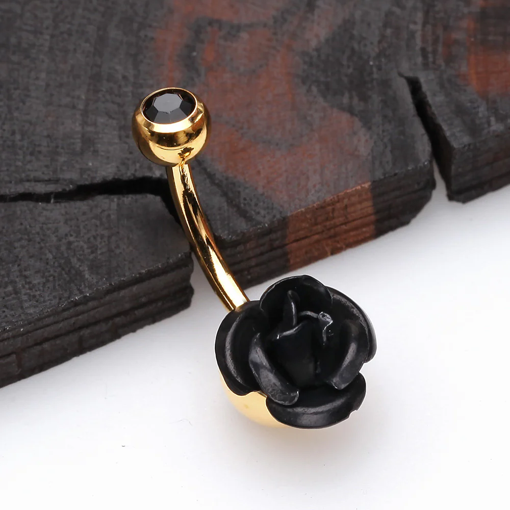 Golden Bright Metal Rose Blossom Belly Button Ring - Image 3