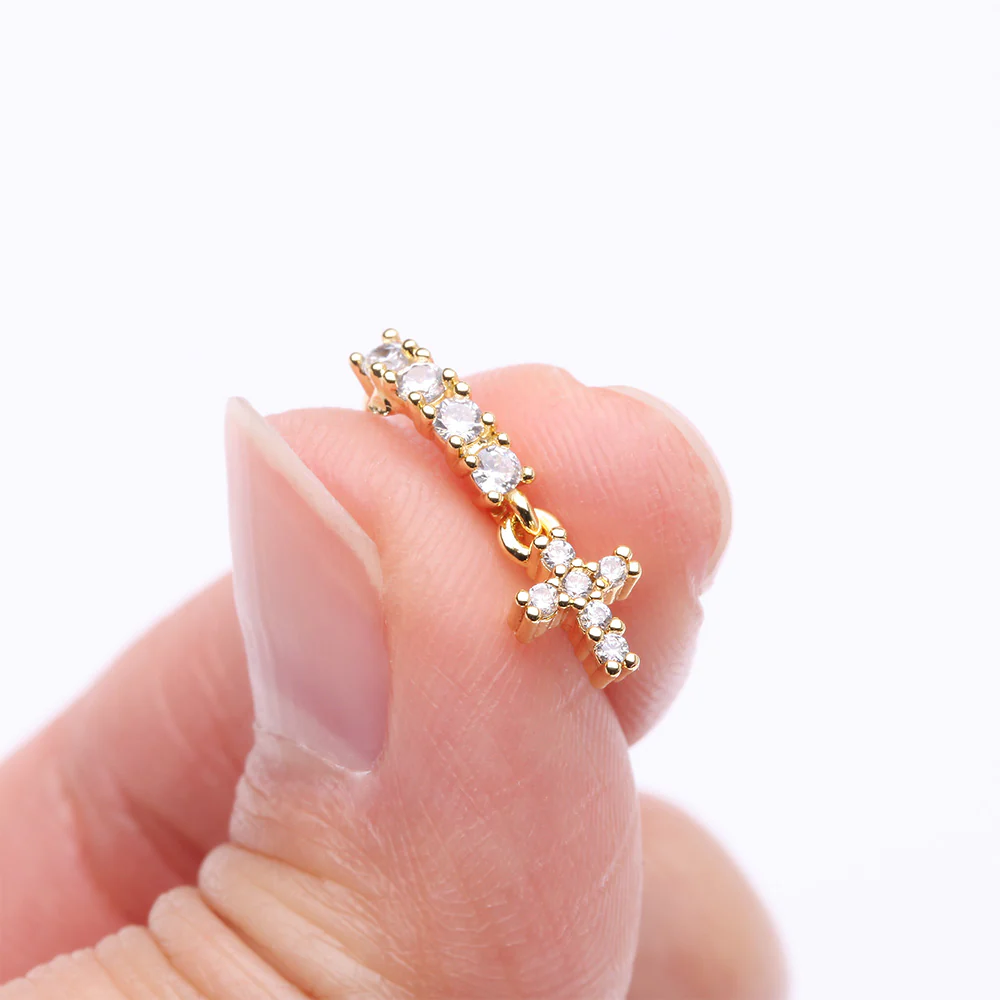 Golden Brilliant Cross Sparkle Dangle Multi-Gem Lined Bendable Hoop Ring - Image 3