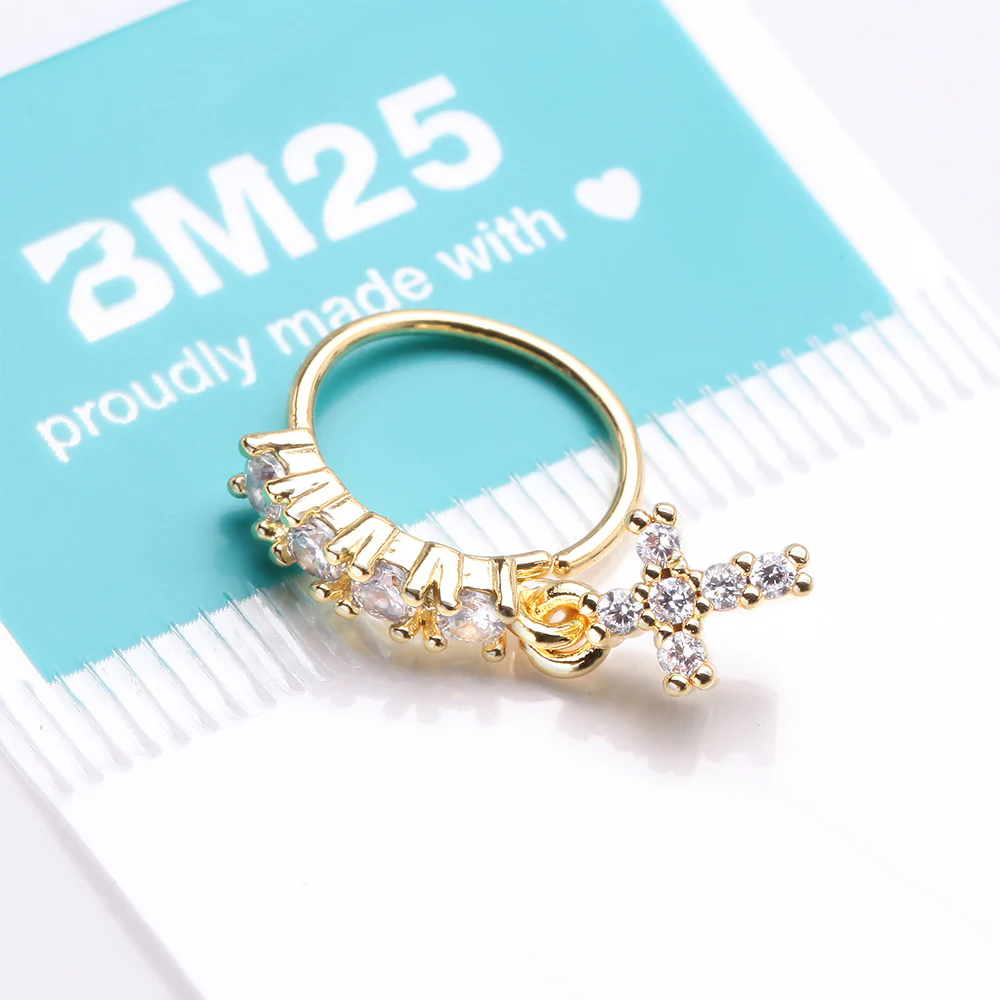 Golden Brilliant Cross Sparkle Dangle Multi-Gem Lined Bendable Hoop Ring - Image 4