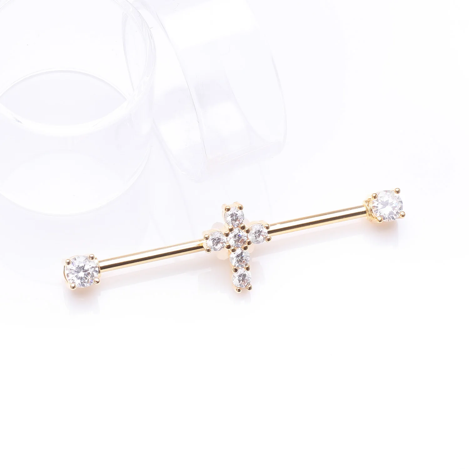 Golden Brilliant Cross Sparkle Ends Industrial Barbell - Image 2