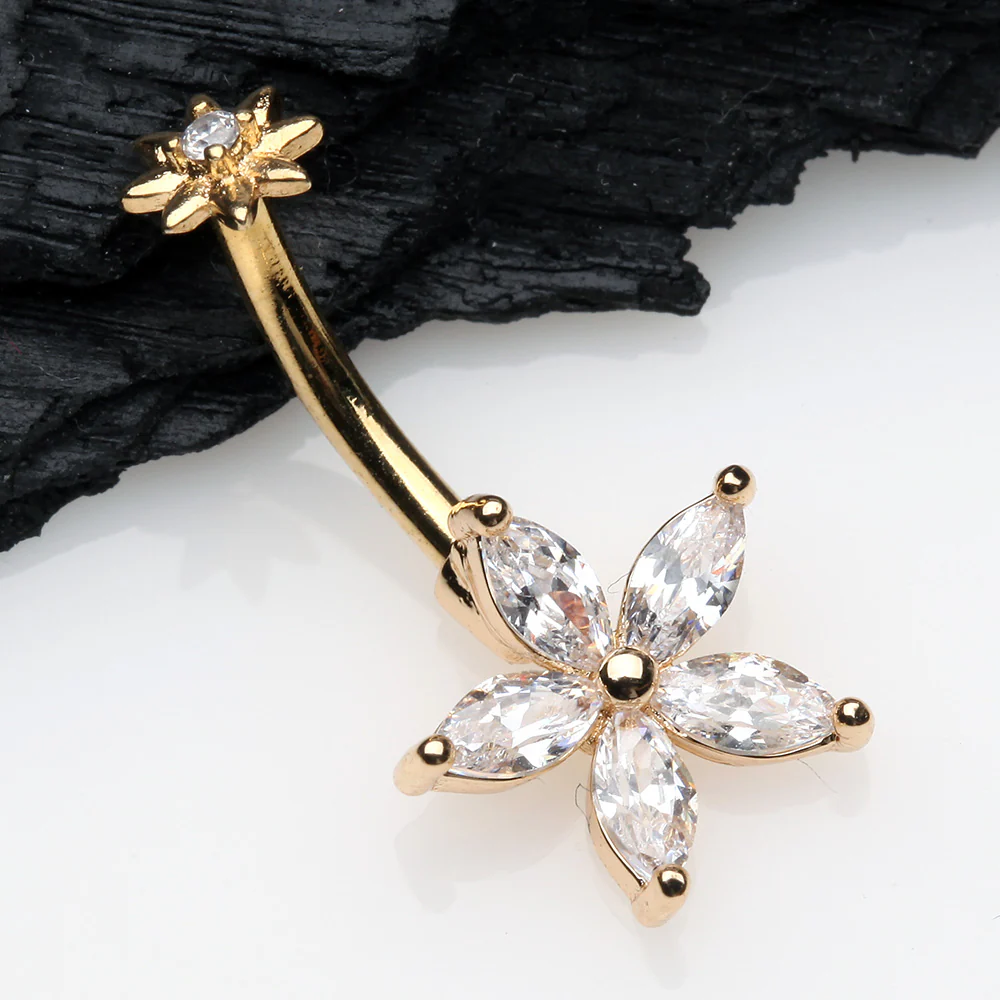 Golden Brilliant Marquise Spring Flower Sparkle Internally Threaded Belly Button Ring - Image 3