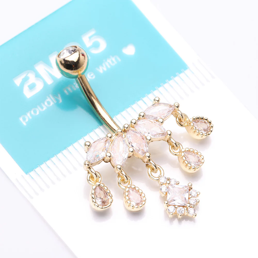 Golden Brilliant Marquise Tiara Dangle Sparkle Tiered Belly Button Ring - Image 5
