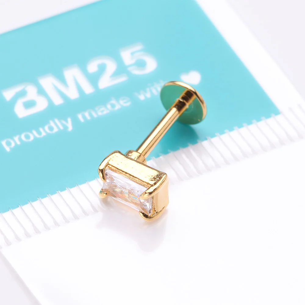 Golden Brilliant Sparkle Baguette Prong Gem Top Flat Back Stud Labret - Image 5