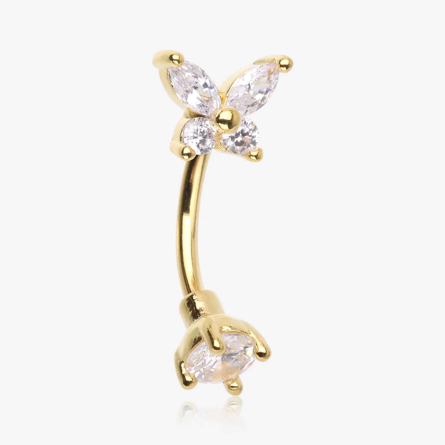 Golden Brilliant Sparkle Butterfly Prong Gem Top Curved Barbell