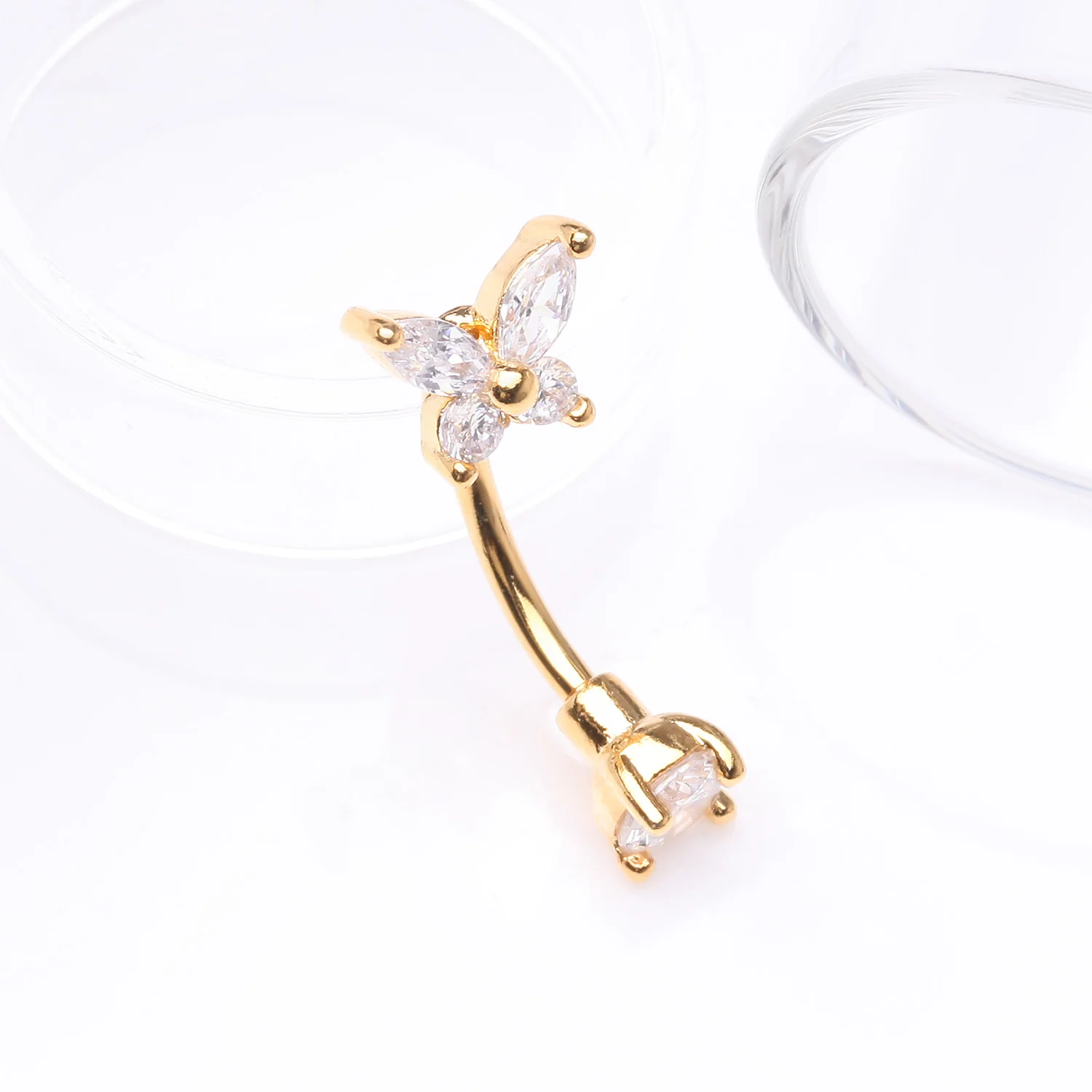 Golden Brilliant Sparkle Butterfly Prong Gem Top Curved Barbell - Image 2