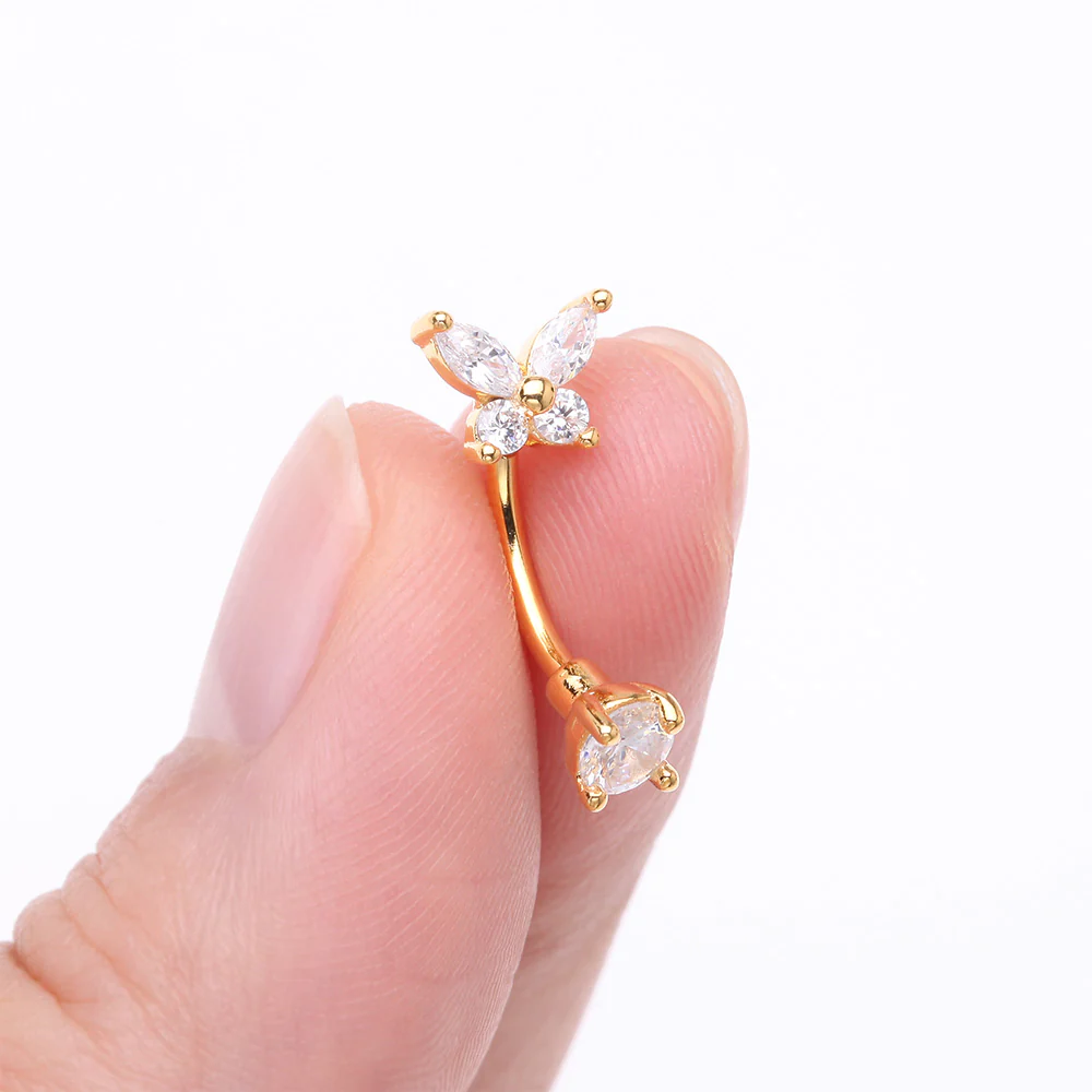 Golden Brilliant Sparkle Butterfly Prong Gem Top Curved Barbell - Image 3