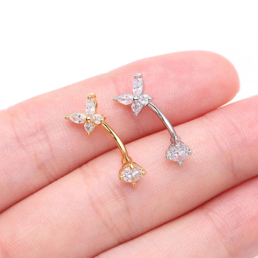 Golden Brilliant Sparkle Butterfly Prong Gem Top Curved Barbell - Image 4