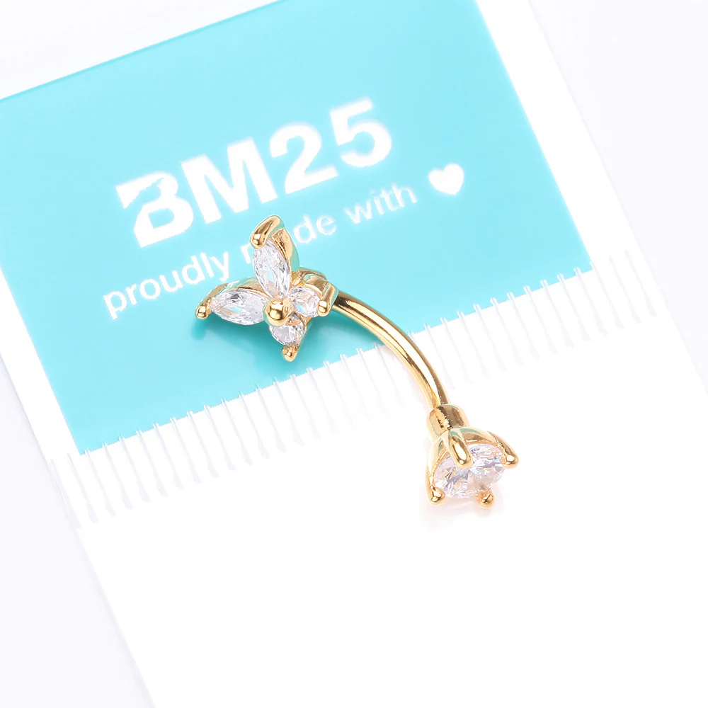 Golden Brilliant Sparkle Butterfly Prong Gem Top Curved Barbell - Image 5