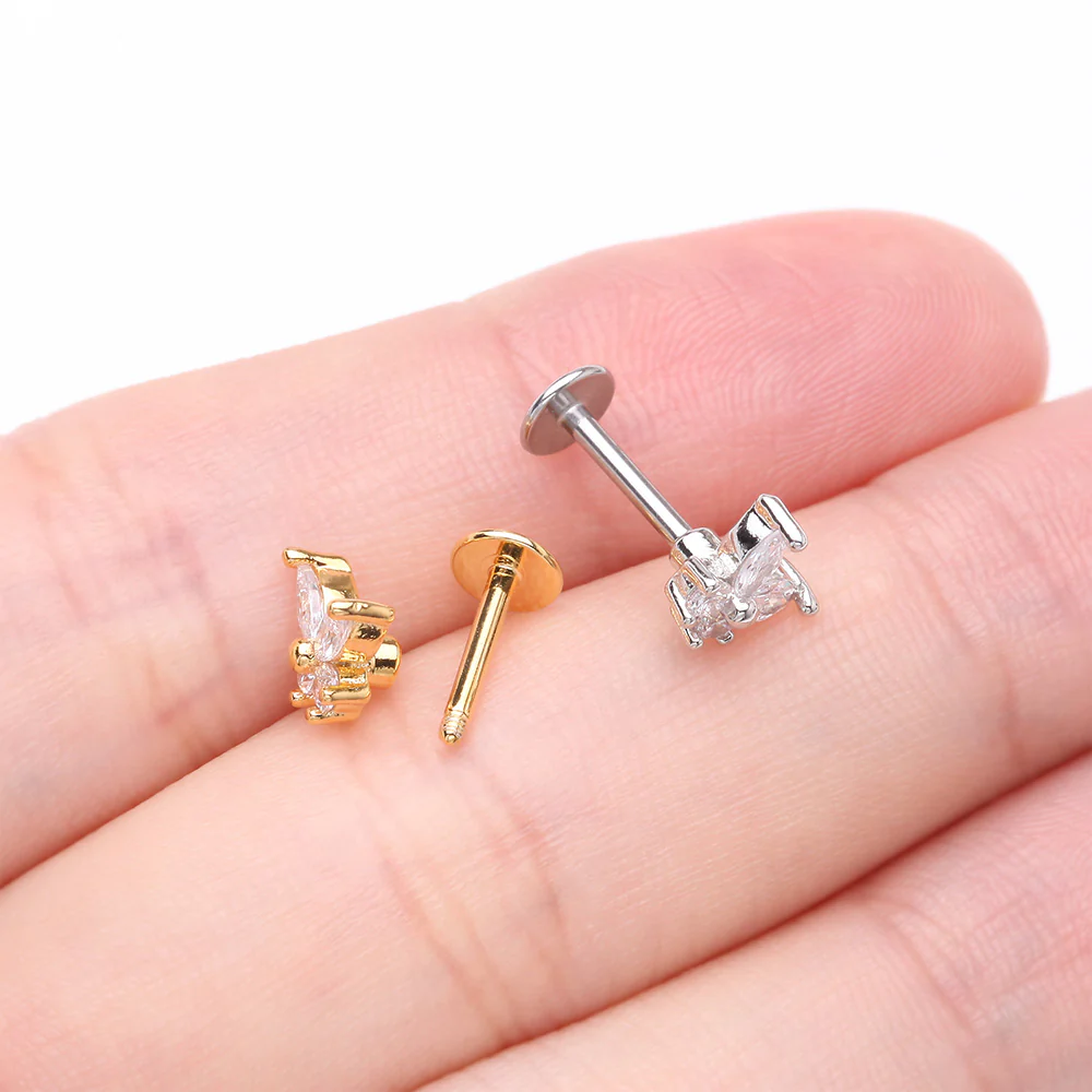 Golden Brilliant Sparkle Butterfly Prong Gem Top Flat Back Stud Labret - Image 4
